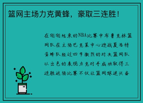 篮网主场力克黄蜂，豪取三连胜！