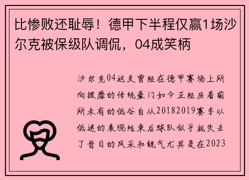 比惨败还耻辱！德甲下半程仅赢1场沙尔克被保级队调侃，04成笑柄