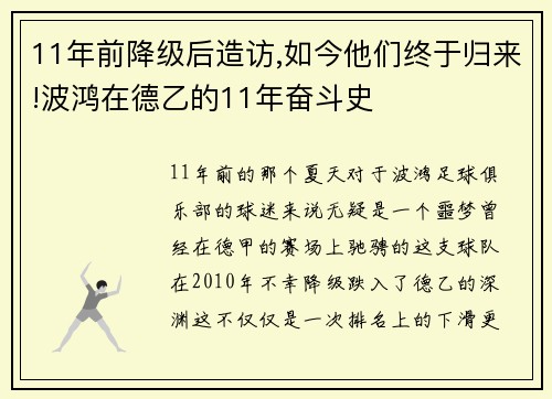 11年前降级后造访,如今他们终于归来!波鸿在德乙的11年奋斗史